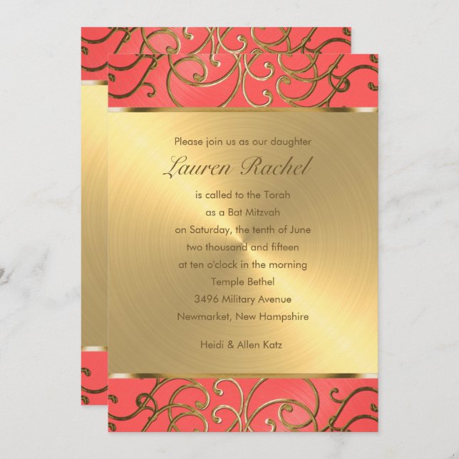 Bat Mitzvah Elegant Coral and Gold Filigree Invitation (Front/Back)
