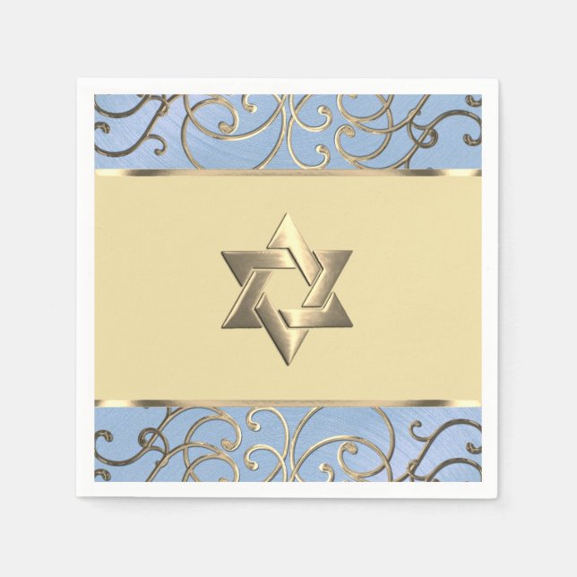 Bat Mitzvah Elegant Dusty Blue and Gold Filigree Napkin (Front)