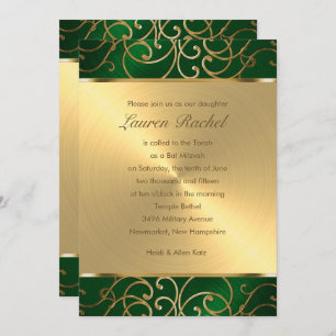 Bat Mitzvah Elegant Emerald Green Gold Filigree Invitation