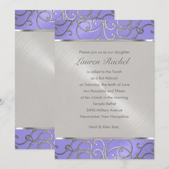 Bat Mitzvah Elegant Lavender Purple Silver Filigre Invitation (Front/Back)