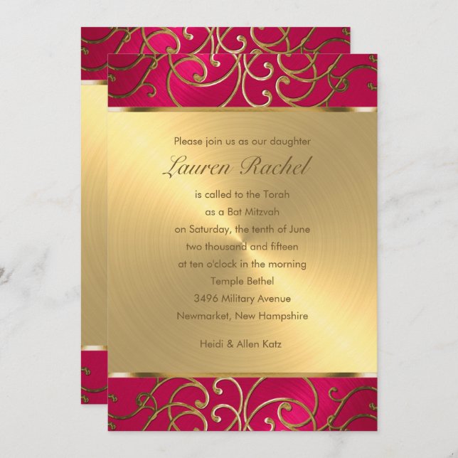 Bat Mitzvah Elegant Magenta Pink Gold Filigree Invitation (Front/Back)