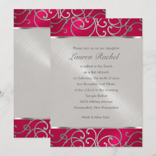 Bat Mitzvah Elegant Magenta Pink Silver Filigree Invitation