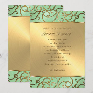Bat Mitzvah Elegant Mint Green Gold Filigree Invitation