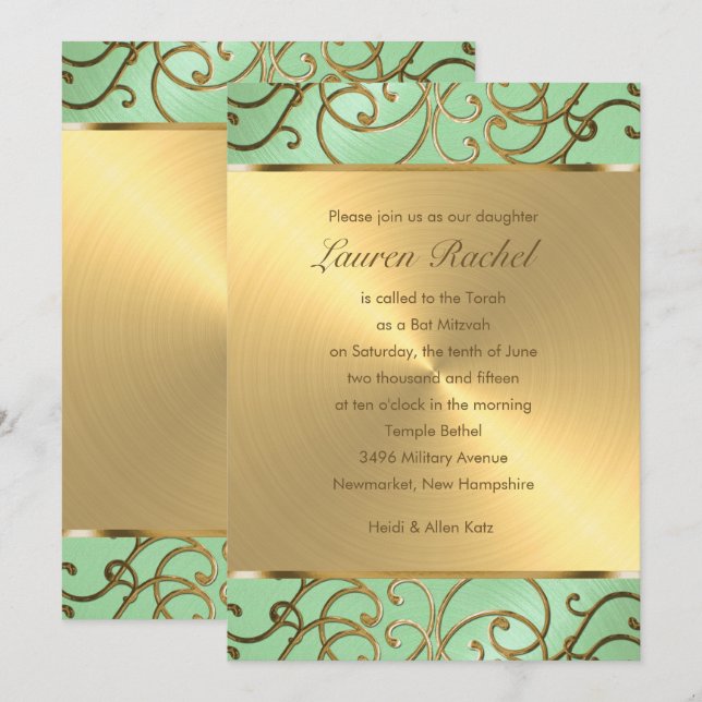 Bat Mitzvah Elegant Mint Green Gold Filigree Invitation (Front/Back)