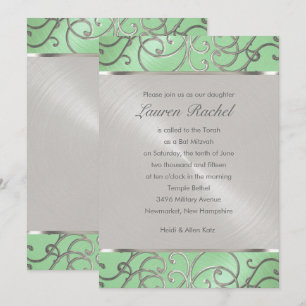 Bat Mitzvah Elegant Mint Green Silver Filigree Invitation