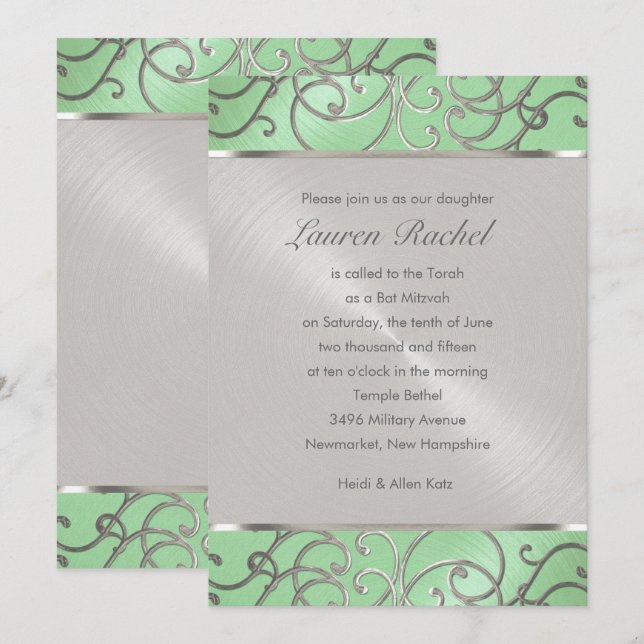 Bat Mitzvah Elegant Mint Green Silver Filigree Invitation (Front/Back)