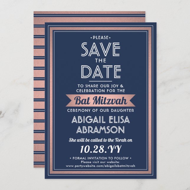 Bat Mitzvah Elegant Navy Blue, White and Pink Save The Date (Front/Back)
