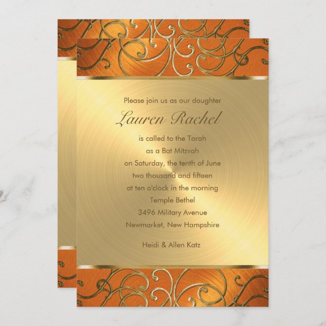 Bat Mitzvah Elegant Orange and Gold Filigree Invitation (Front/Back)