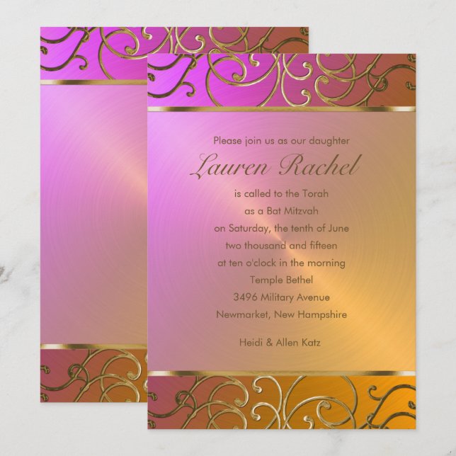 Bat Mitzvah Elegant Orange Pink Gold Filigree Invitation (Front/Back)