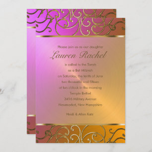 Bat Mitzvah Elegant Orange Pink Gold Filigree Invitation