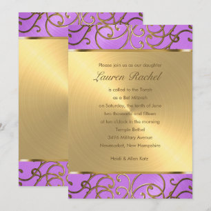 Bat Mitzvah Elegant Orchid Purple Gold Filigree Invitation
