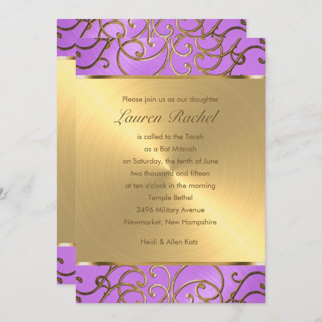 Bat Mitzvah Elegant Orchid Purple Gold Filigree Invitation (Front/Back)
