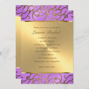 Bat Mitzvah Elegant Orchid Purple Gold Filigree Invitation