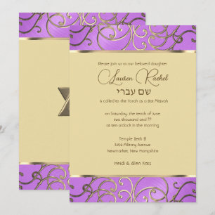 Bat Mitzvah Elegant Orchid Purple Gold Filigree Invitation