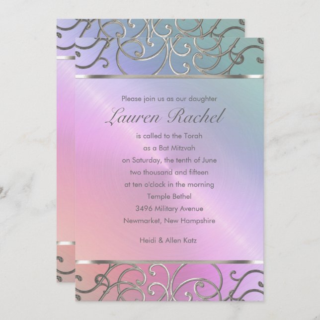 Bat Mitzvah Elegant Pearl Pink Silver Filigree Invitation (Front/Back)