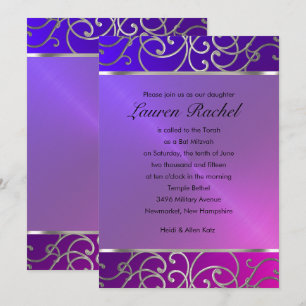 Bat Mitzvah Elegant Pink Purple Silver Filigree Invitation