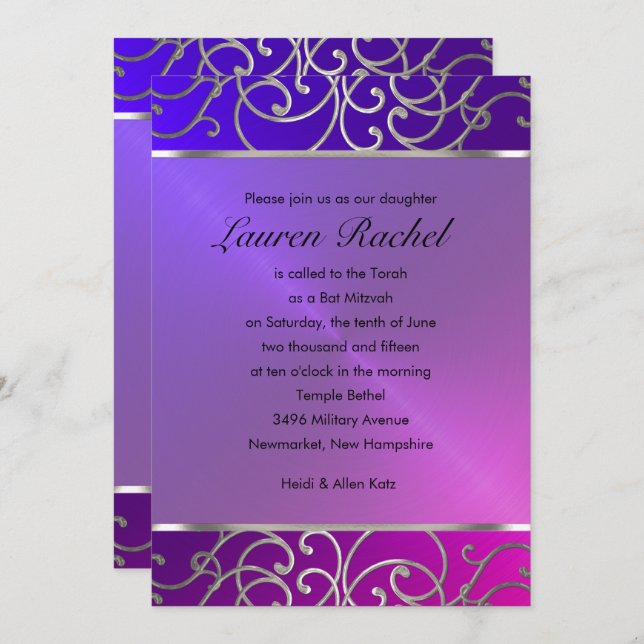 Bat Mitzvah Elegant Pink Purple Silver Filigree Invitation (Front/Back)