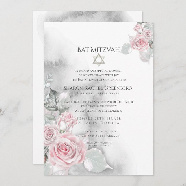 BAT MITZVAH  |  Elegant Pink Watercolor Roses Invitation (Front/Back)