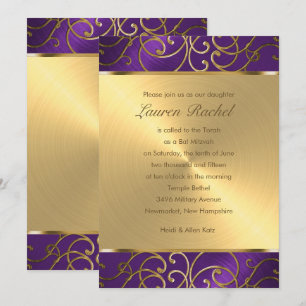 Bat Mitzvah Elegant Purple and Gold Filigree Invitation