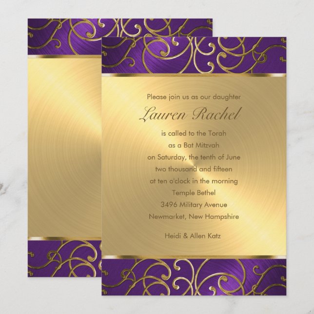 Bat Mitzvah Elegant Purple and Gold Filigree Invitation (Front/Back)
