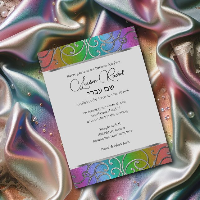 Bat Mitzvah Elegant Rainbow and Silver Filigree Invitation (Creator Uploaded)