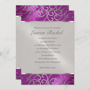 Bat Mitzvah Elegant Raspberry Pink Silver Filigree Invitation