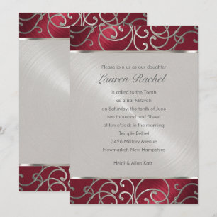 Bat Mitzvah Elegant Red and Silver Filigree Invitation