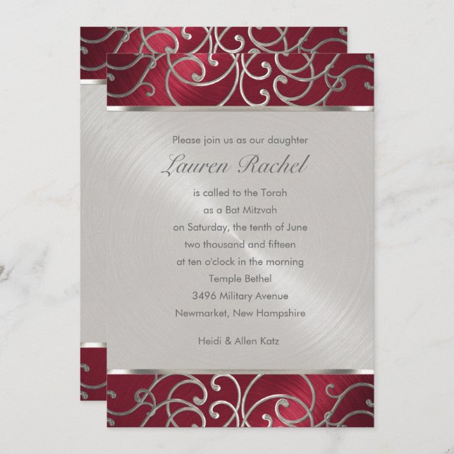 Bat Mitzvah Elegant Red and Silver Filigree Invitation (Front/Back)