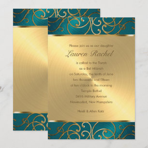 Bat Mitzvah Elegant Teal Blue and Gold Filigree Invitation