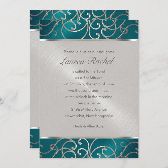 Bat Mitzvah Elegant Teal Blue and Silver Filigree Invitation (Front/Back)