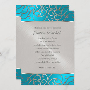 Bat Mitzvah Elegant Turquoise Blue Silver Filigree Invitation