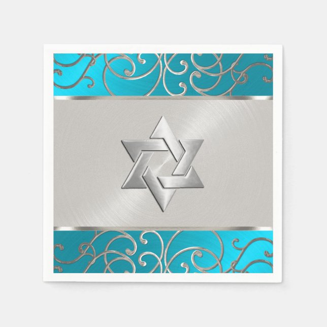 Bat Mitzvah Elegant Turquoise Blue Silver Filigree Napkin (Front)