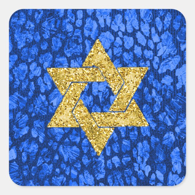 Bat Mitzvah Faux Blue Metallic Gold Glitter Square Sticker (Front)