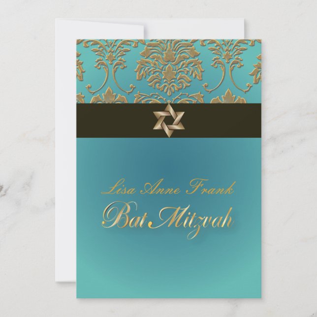 Bat  Mitzvah+Faux Gold Damask/black+aqua Invitation (Front)