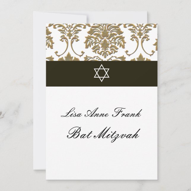 Bat  Mitzvah+Faux Gold Damask/black+white Invitation (Front)
