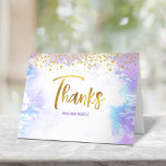 Bat Mitzvah Faux Gold Script on Purple Watercolor Thank You Card<br><div class="desc">Make sure your favourite Bat Mitzvah shows her appreciation to all who supported her milestone event! Send out this stunning, modern, sparkly gold faux foil handwritten script and tiny dots overlaying a light purple watercolor background, personalised thank you note. On the front, personalise with your Bat Mitzvah’s name. Add a...</div>