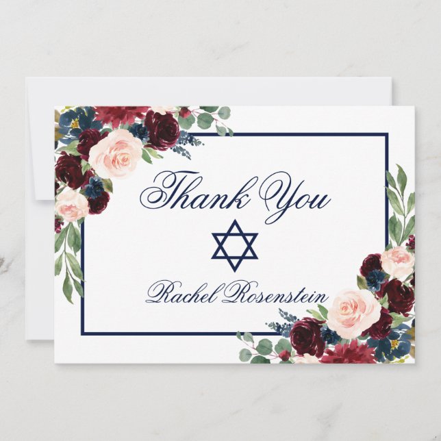 Bat Mitzvah Floral Blue Burgundy Thank You Card (Front)
