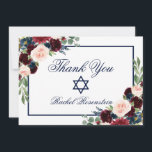Bat Mitzvah Floral Blue Burgundy Thank You Card<br><div class="desc">Bat Mitzvah Watercolor Burgundy Marsala Blue Floral Thank You Card</div>