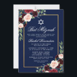 Bat Mitzvah Floral Burgundy Blue Gold Invitation<br><div class="desc">Bat Mitzvah Watercolor Burgundy Marsala Blue Floral Gold Invitation Card</div>
