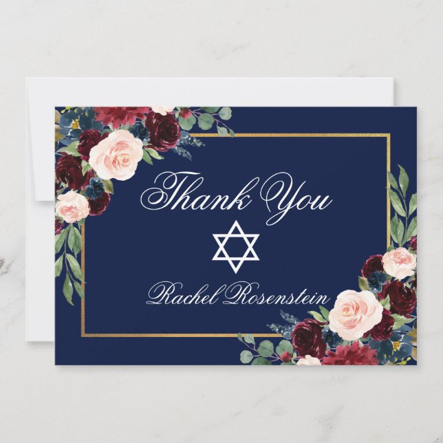 Bat Mitzvah Floral Burgundy Blue Gold Thank You Card (Front)