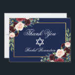 Bat Mitzvah Floral Burgundy Blue Gold Thank You Card<br><div class="desc">Bat Mitzvah Watercolor Burgundy Marsala Blue Floral Gold Thank You Card</div>