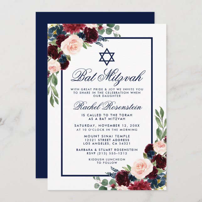 Bat Mitzvah Floral Burgundy Blue Invitation (Front/Back)