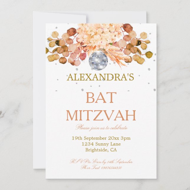 Bat Mitzvah Floral Disco  Invitation (Front)