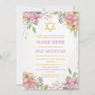 Bat Mitzvah Floral Invite Glitter Girl Star Gold