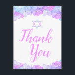 Bat Mitzvah Floral Pink Hydrangea Thank You Postcard<br><div class="desc">Send a note of thanks to your family and friends to show your appreciation they attended your Bat Mitzvah. This design features a border top and bottom of delicate hydrangea blossoms in shades of pink, lavender and aqua blue. There is a Star of David with the words "Thank You" in...</div>