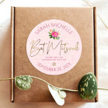 Bat Mitzvah Floral Pink Watercolor Gold Script Classic Round Sticker<br><div class="desc">Be proud, rejoice and celebrate this milestone of your favourite Bat Mitzvah whenever you use this sophisticated, personalised sticker! A chic, stunning, hot pink floral watercolor, faux gold foil script typography and Star of David, as well as modern dusty rose sans serif type overlay a soft pink & confetti dots...</div>