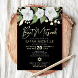 Bat Mitzvah Floral Watercolor Black Real Gold<br><div class="desc">Be proud, rejoice and showcase this milestone of your favourite Bat Mitzvah with this sophisticated, personalised invitation! A chic, stunning, white and real gold foil floral watercolor, real gold foil handwritten script and white sans serif typography, overlay a dramatic black background. Additional white watercolor and faux gold flowers and a...</div>