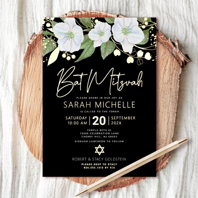 Bat Mitzvah Floral Watercolor Black Real Gold (Creator Uploaded)