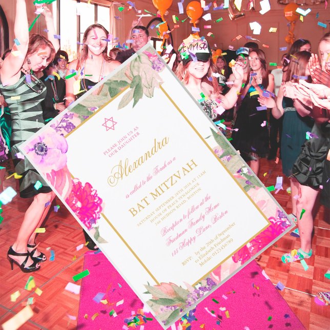 Bat Mitzvah Floral White Gold Color Jewish Invitation (Creator Uploaded)