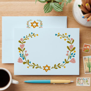 BAT MITZVAH Floral Wreath STAR w Return Address Envelope